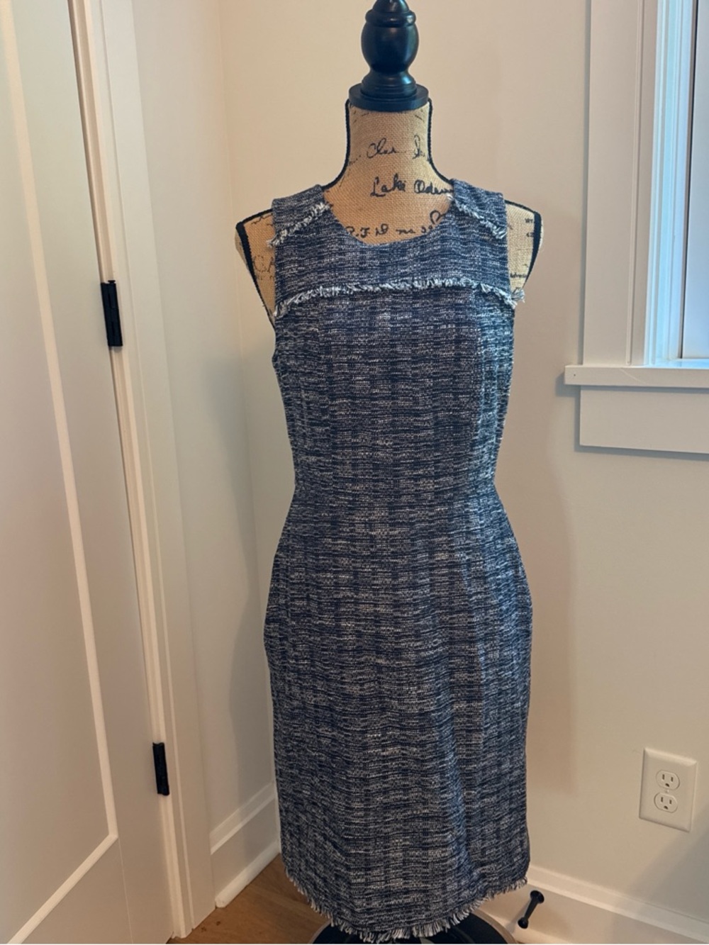 J. Crew Navy Tweed Fringe-Trim Midi Dress